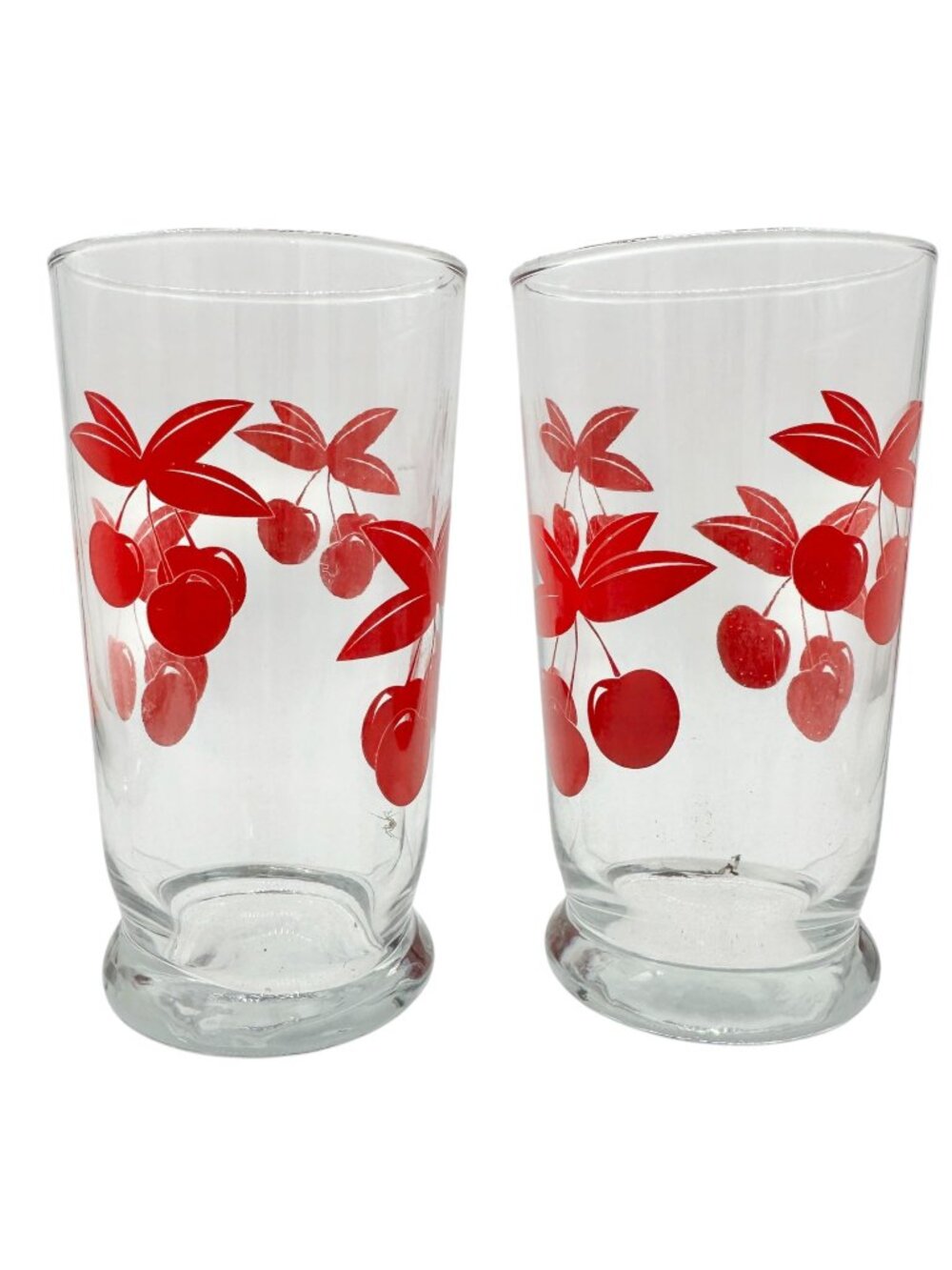 Set Of 2 Vintage Clear Glass Tumblers Red Cherry Print 6 Oz Retro Drinkware